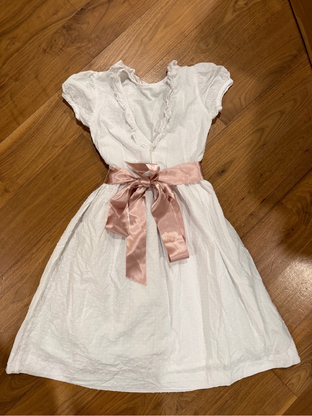 Girls' White Party Dress with Pink Satin Waist Bow